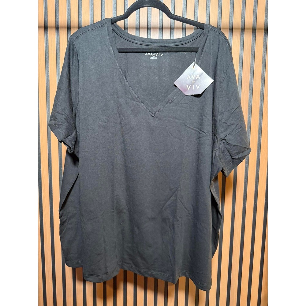 Ava & Viv Womens 4X Black V-Neck Short Sleeve T-Shirt Solid Casual Tee NWT